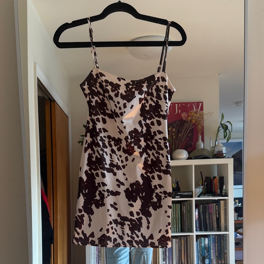 Urban Outfitters Brown and White Cow-Print Satin Cami Dress